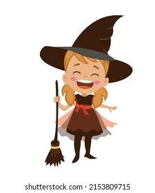 girl in witch costume on flying broom