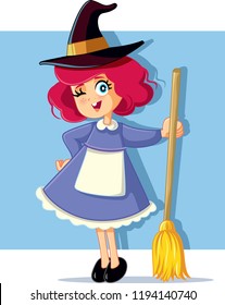 Girl in Witch Costume Ready for Halloween. Cute sorceress with broomstick waiting for celebration
