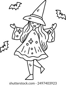 A girl in a witch costume. She is surrounded by bats. Concept of fun and playfulness, as the girl is dressed up for Halloween and is ready to cast spells