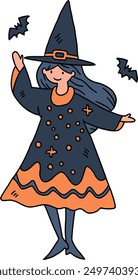 A girl in a witch costume. She is surrounded by bats. Concept of fun and playfulness, as the girl is dressed up for Halloween and is ready to cast spells