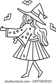 A girl in a witch costume. She is surrounded by bats. Concept of fun and playfulness, as the girl is dressed up for Halloween and is ready to cast spells