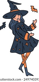 A girl in a witch costume. She is surrounded by bats. Concept of fun and playfulness, as the girl is dressed up for Halloween and is ready to cast spells