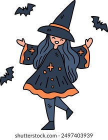 A girl in a witch costume. She is surrounded by bats. Concept of fun and playfulness, as the girl is dressed up for Halloween and is ready to cast spells