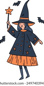 A girl in a witch costume. She is surrounded by bats. Concept of fun and playfulness, as the girl is dressed up for Halloween and is ready to cast spells