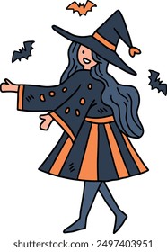 A girl in a witch costume. She is surrounded by bats. Concept of fun and playfulness, as the girl is dressed up for Halloween and is ready to cast spells