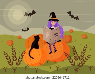 A girl in a witch costume is sitting on a pumpkin with a cat and a book. Halloween cartoon scene. Vector illustration of a wheat field with pumpkins and bats.