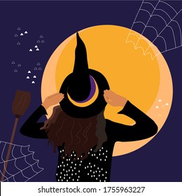 A girl in a witch costume stands with her back and looks at the moon. Greeting card or invitation to Halloween party with spider web and broom around.Wizard in a pointed hat at night.Hand drawn vector