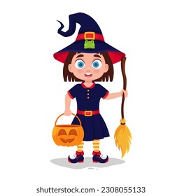 Girl in witch costume, vector illustration