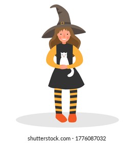 Girl in a witch costume with a white cat. Girl in a hat and striped tights. Witch costume for halloween.