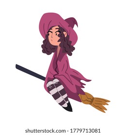 Girl Witch Flying with Broom Wearing Purple Cloak and Hat, Cute Halloween Cartoon Character Vector Illustration