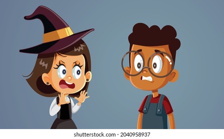 Girl in Witch Halloween Costume Scaring her Friend Vector Cartoon. Child playing and pranking his friend with scary noise and costume
