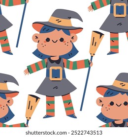 Girl in witch Halloween costume vector cartoon seamless pattern background.