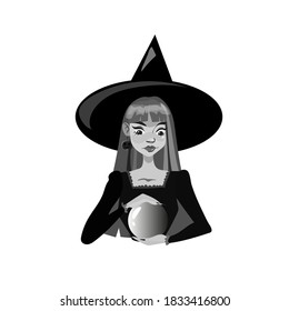 
girl witch with long hair in a black dress holding a magic ball of the future