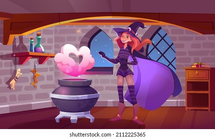 Girl witch make magic love potion in cauldron. Vector cartoon fantasy illustration of wizard room interior with boiling pot, pink smoke cloud in shape of heart and woman in magician costume