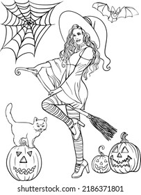 Girl witch on a broom pumpkin cat web halloween vector image drawn by hand.