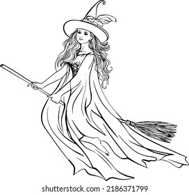 Chica bruja sobre un palo de broomstick halloween vectorial imagen dibujada a mano.