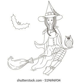 Girl witch on a broomstick. Vector isolated outline white background.