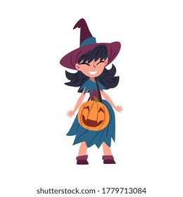 Girl Witch Standing with Bag Made of Pumpkin Wearing Dress and Hat, Cute Halloween Cartoon Character Vector Illustration