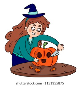girl in witch's hat carves a Halloween pumpkin. Hand drawn vector illustration