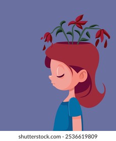 
Chica con flores marchitas Mente siente depresión Concepto Diseño. Niño infeliz, ansioso y deprimido sintiendo una profunda tristeza
