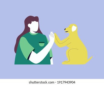 A girl without a face and her pet. A woman high-fives her dog. Bright vector illustration in a trendy style.