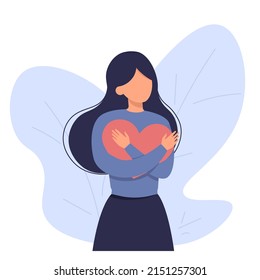 A girl without a face hugs a big heart. Concept of love, kindness and peace.Vector illustration in flat style
