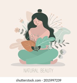 Niña sin maquillaje en hojas y flores. Retrato de mujer desnuda. Concepto de cuerpo positivo, feminidad y belleza natural. Ama tu cuerpo. Autocuidado, bienestar. Ilustración vectorial plana de moda