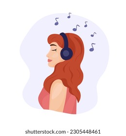 Girl witn headphones listening to music. Young adult woman profile and headset, musiacl notes. Smiling girl relaxing and enjoying music.
