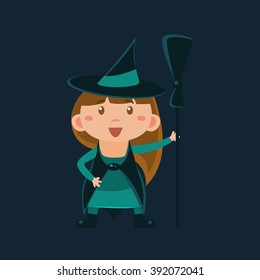 Girl In Wizard Of Oz Witch Haloween Disguise Funny Flat Vector Illustration On Dark Background