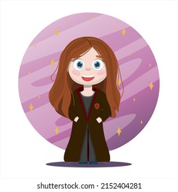 The girl is a wizard in a robe. Vector cartoon illustration. A fairy-tale world with a school of magic. A flat picture