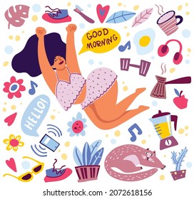 The girl woke up in the morning and stretches blissfully. Vector illustration in cartoon style