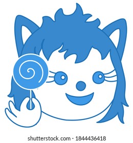 girl wolf emoticon holding a sweet lollipop candy on a stick in her hand, simplistic facial expression vector illustration, circle or ball shaped cartoon character
