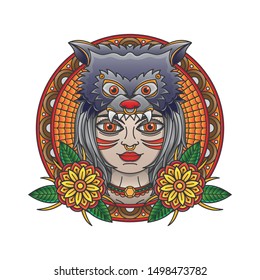 girl and wolf flash tattoo, vector EPS 10
