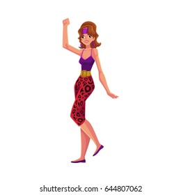 Girl, woman in 80s style aerobics outfit, leopard leggings and head band, sport dance workout, cartoon vector illustration isolated on white background. Retro style girl, woman, aerobic workout