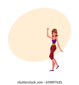 Girl, woman in 80s style aerobics outfit, leopard leggings and head band, sport dance workout, cartoon vector illustration with space for text. Retro style girl, woman, aerobic workout