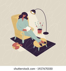 Girl, woman in armchair reads book in lamp light. Cat sleeps. Vector illustration. Poster, print, card design. Stay home, quarantine, leisure, resting, self educating. Isolated on light background.