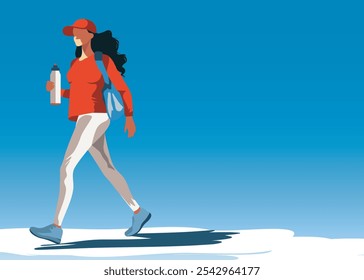 Girl woman athlete in a cap is engaged in a sports walk with a bottle of water in the hands of an athlete on a white background. Walk in the fresh air. Vector sport illustration with a place for text 