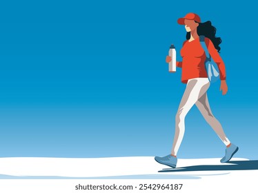 Girl woman athlete in a cap is engaged in a sports walk with a bottle of water in the hands of an athlete on a white background. Walk in the fresh air. Vector sport illustration with a place for text 