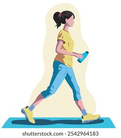 Girl woman athlete in sports walking walk with a bottle of water in hands of sportsman on white background. Walk in the fresh air. Vector sport illustration for flyer banner poster