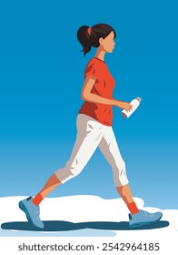 Girl woman athlete in sports walking with a bottle of water in the hands of an athlete. Walk in the fresh air. Vector sport illustration for flyer banner poster.