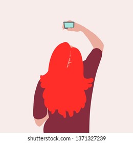 A girl or a woman from the back stand and take a photo. Female cartoon character in the rad t shirt isolated on cream background. Flat colored vector illustration