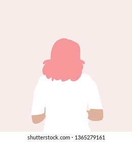 A girl or a woman from the back stands and looking into the distance. Female cartoon character in the white t short isolated on cream background. Flat colored vector illustration - Vector