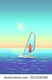 A girl or a woman in a baseball cap on a windsurfing board with a sail, floating on the waves in the sea at dawn. A man on a plank with a sail. Windsurfing and other sports. Vector illustration.
