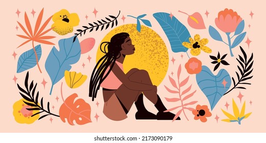 Girl woman big colored concept beautiful woman sitting in front of an artwork with flowers and colorful leaves vector illustration