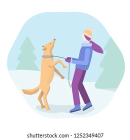 Girl or woman and big dog in winter, vector illustration in flat style.