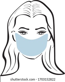 girl, woman with black hair in medicine mask hand drawn on white background. health, fashion, portrait Concept for logo, print , icon 