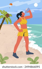 Chica, mujer con una botella de agua después de trotar, corredor, entrenamiento contra el fondo del panorama del mar, océano, en vacaciones de verano, puesta del sol, salida del sol.  Ilustración vectorial plana