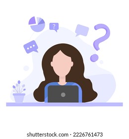  A girl, woman or business lady works at a computer, studies, looks for ideas. The concept of the concept, the concept of learning. Violet tones.