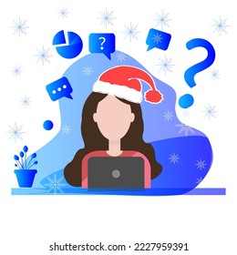Girl, woman or businesswoman works, studies, at the computer, winter style. Concept of freelance, home office, manager.