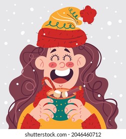 Girl woman character drinking hot winter drink. Merry Christmas and Happy New Year card flat cartoon illustration
